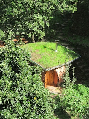 Cob bathroom with its green roof