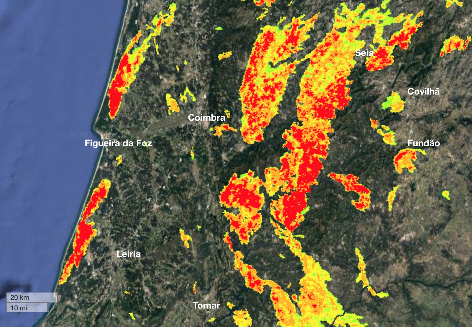 The extent and severity of fires in Central Portugal between October 7-17, 2017