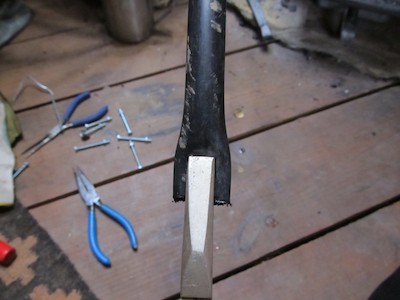 Crimping softened pipe with pliers. A mark on the pliers ensured each crimp was the same size